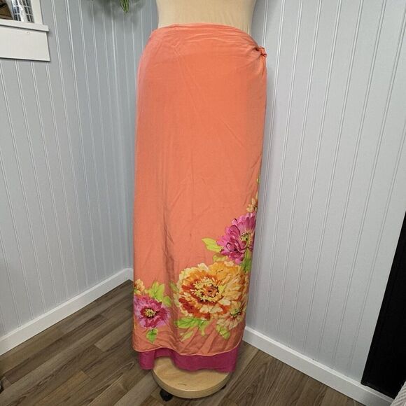 MUSE Women’s Sz 14 100% Silk Floral Print Wrapped Tied Lined Maxi Skirt Pink Ora - Picture 3 of 14